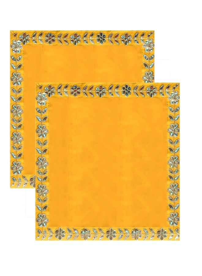 Dulhan Designer Pooja Cloth for Mandir |Pack of 2| Large Size Puja Aasan, 16x20 Inch, Yellow Velvet Altar Cloth for Puja Table, Chowki, Puja Cloth for God Idol Sitting|Mandir Ka Kapda for Baithak Mat - Image 1