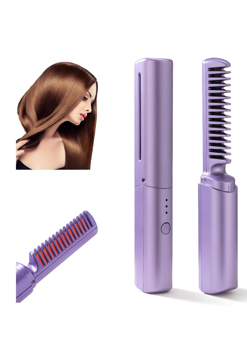 SYOSI Mini Hair Straightener, Rechargeable Hair Straightener Brush, Portable Straightening Brush with Anti-Static Negative Ion, Hot Comb Hair Straightener for Women, for All Hair Types (Purple) - Image 1