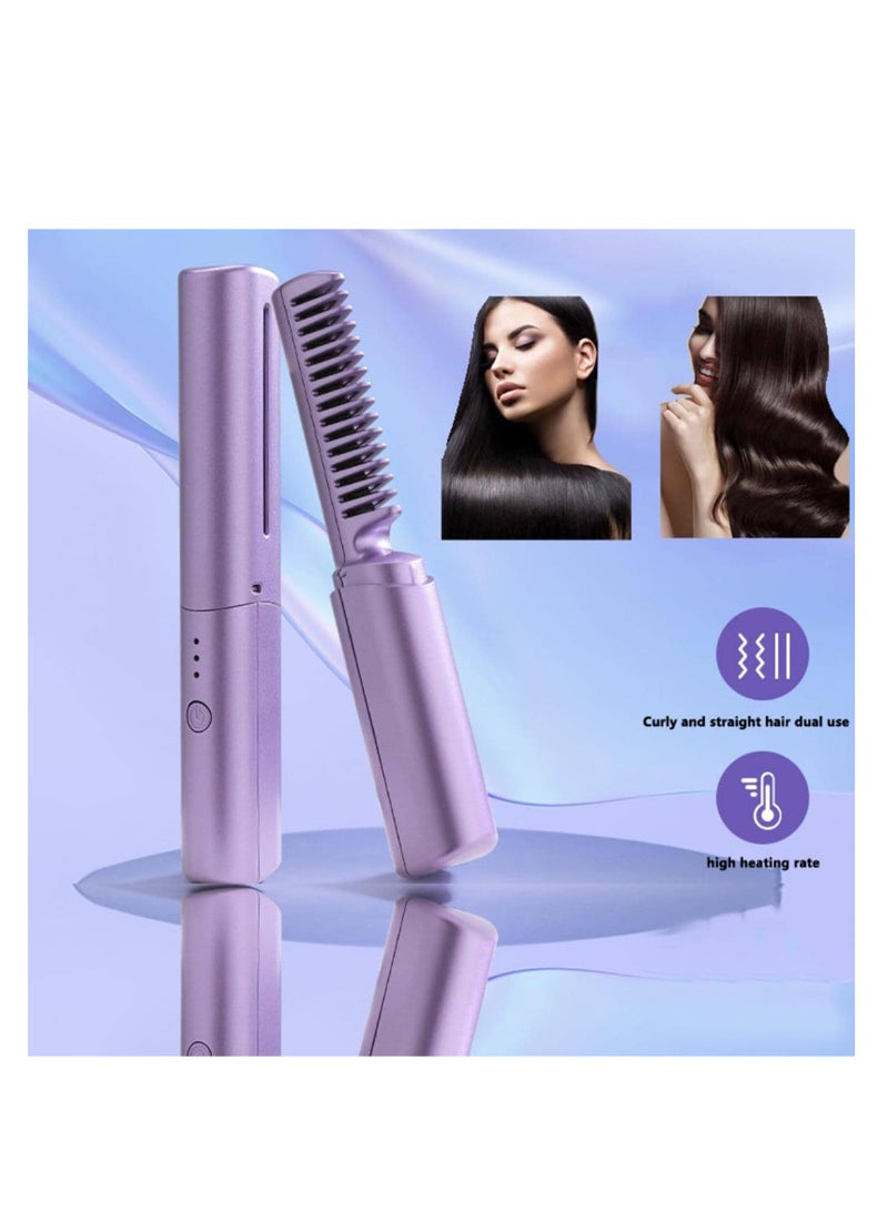 SYOSI Mini Hair Straightener, Rechargeable Hair Straightener Brush, Portable Straightening Brush with Anti-Static Negative Ion, Hot Comb Hair Straightener for Women, for All Hair Types (Purple) - Image 2