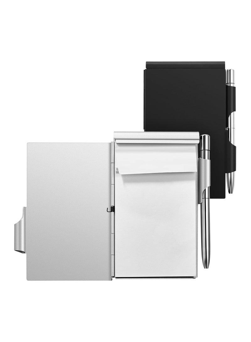 Metal Pocket Notebook with Pen and Refillable Paper, Aluminum Flip Office Notebook, Small Journal Notebook with Pen Holder for Office School Supplies (Silver, Black), Mini Notepad Holder 2 Pieces - Image 1
