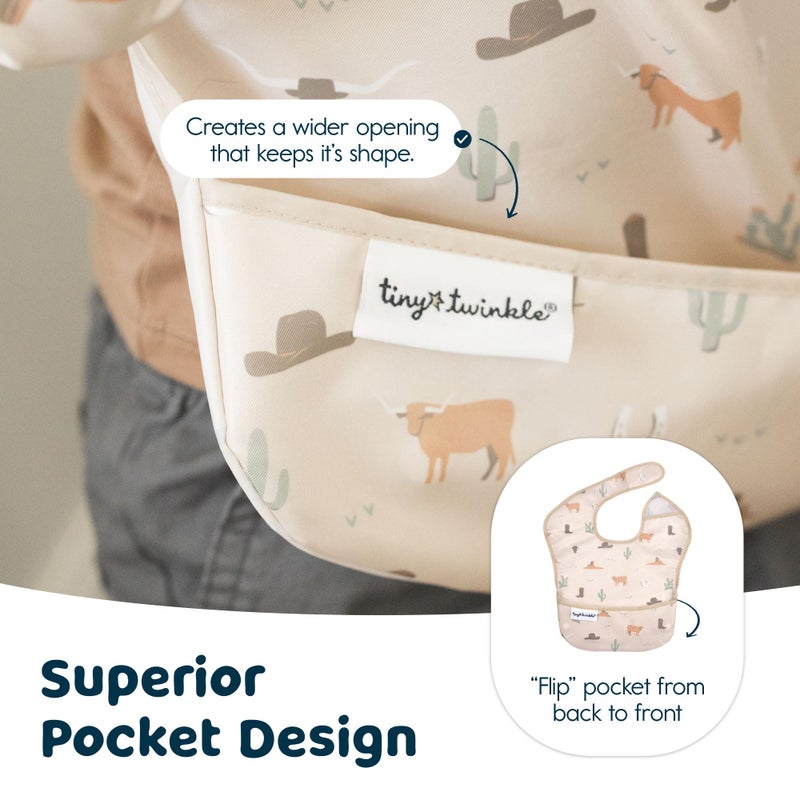 Tiny Twinkle Mess Proof Baby Bibs for Eating - Waterproof, Wipeable Toddler Bibs with Pocket - Baby Food Bibs for Girls & Boys(3 Pack,Cowboy) - Image 5