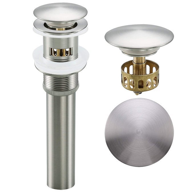 1 14 BRUSHED NICKEL SINK DRAIN BATHROOM POP UP DRAIN WITH REMOVABLE BRASS STRAINER BASKETWITH OVERFLOW VESSEL LAVATORY VANITY SINK DRAIN STOPPER 836061BN