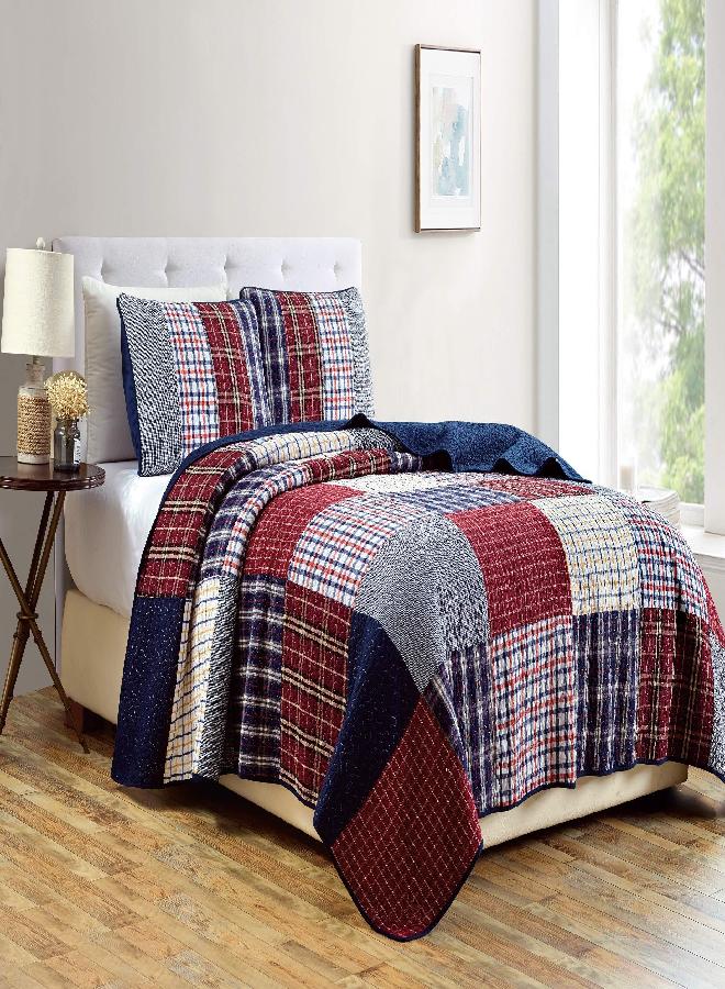 Chezmoi Collection Chezmoi Collection Grizzly 3-Piece Plaid Checkered Patchwork Quilted 100% Washed Cotton Reversible Bedspread Quilt Set, King  - Image 1