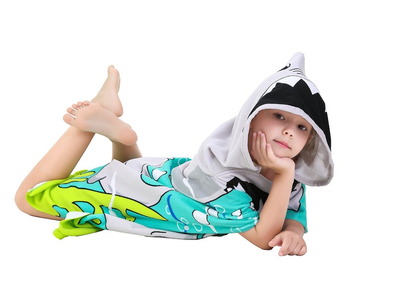 Athaelay Shark Theme Cover-ups for Big Kids Hooded Bath Poncho Towels with Hood Children Beach Wearable Cover ups - Image 3