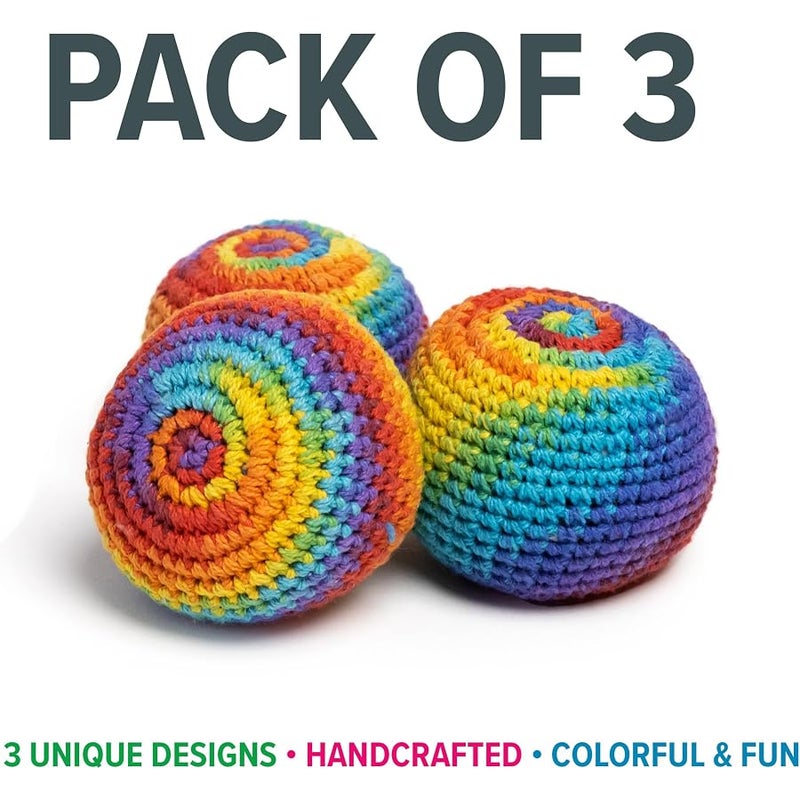 booni Handmade Crocheted Footbag- Pack of 3 – Durable Woven Cotton Kick Ball for Style Games, Juggling, Tricks & Outdoor Games – Made in Nepal - Image 3