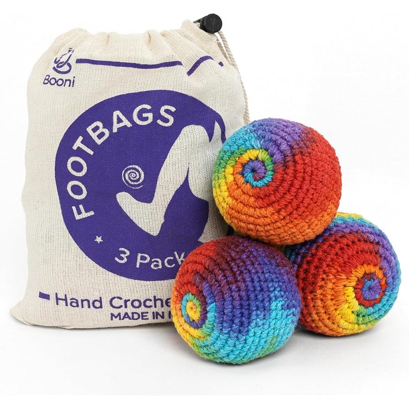 booni Handmade Crocheted Footbag- Pack of 3 – Durable Woven Cotton Kick Ball for Style Games, Juggling, Tricks & Outdoor Games – Made in Nepal - Image 1