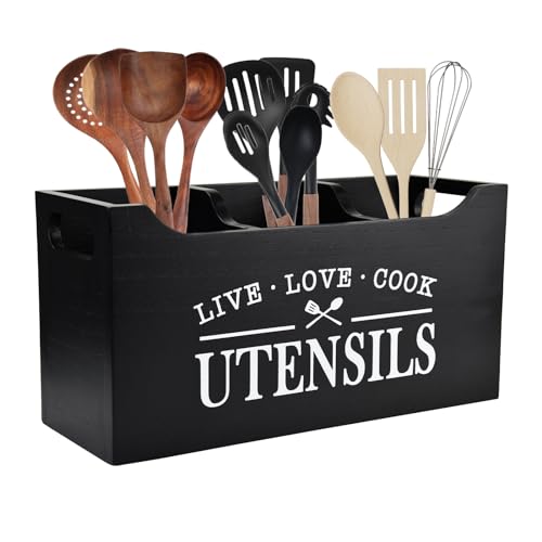 Karisky Kitchen Utensil Holder with Drainage Bottom, Large 3 Compartments Solid Real Wood Utensil Organizer for Kitchen Counter, Farmhouse Cooking Tools Storage for Countertop, Black - Image 1