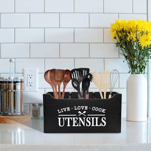 Karisky Kitchen Utensil Holder with Drainage Bottom, Large 3 Compartments Solid Real Wood Utensil Organizer for Kitchen Counter, Farmhouse Cooking Tools Storage for Countertop, Black - Image 2