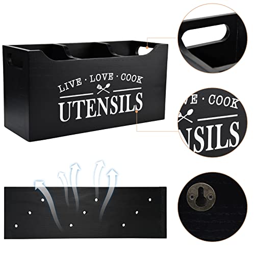 Karisky Kitchen Utensil Holder with Drainage Bottom, Large 3 Compartments Solid Real Wood Utensil Organizer for Kitchen Counter, Farmhouse Cooking Tools Storage for Countertop, Black - Image 5