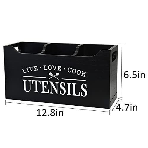 Karisky Kitchen Utensil Holder with Drainage Bottom, Large 3 Compartments Solid Real Wood Utensil Organizer for Kitchen Counter, Farmhouse Cooking Tools Storage for Countertop, Black - Image 4