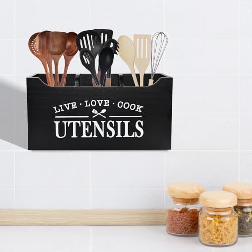 Karisky Kitchen Utensil Holder with Drainage Bottom, Large 3 Compartments Solid Real Wood Utensil Organizer for Kitchen Counter, Farmhouse Cooking Tools Storage for Countertop, Black - Image 3