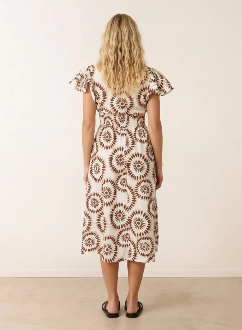 Blue Vanilla V Neck Frill Sleeve Printed Midi Dress