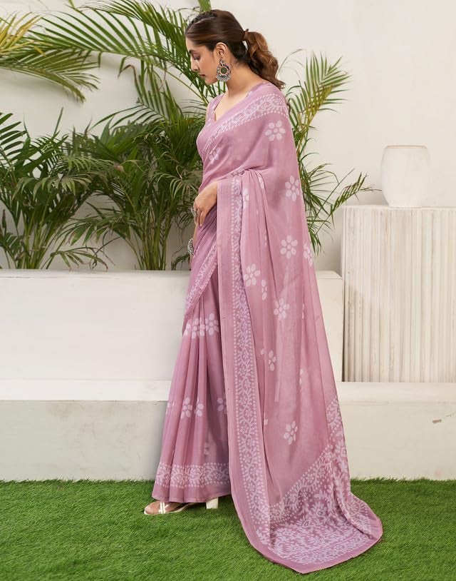 SIRIL Women's Chiffon Saree | Sari for Women | Floral Printed Sarees With Unstitched Blouse Piece (3780S1534A_Light Pink) - Image 2