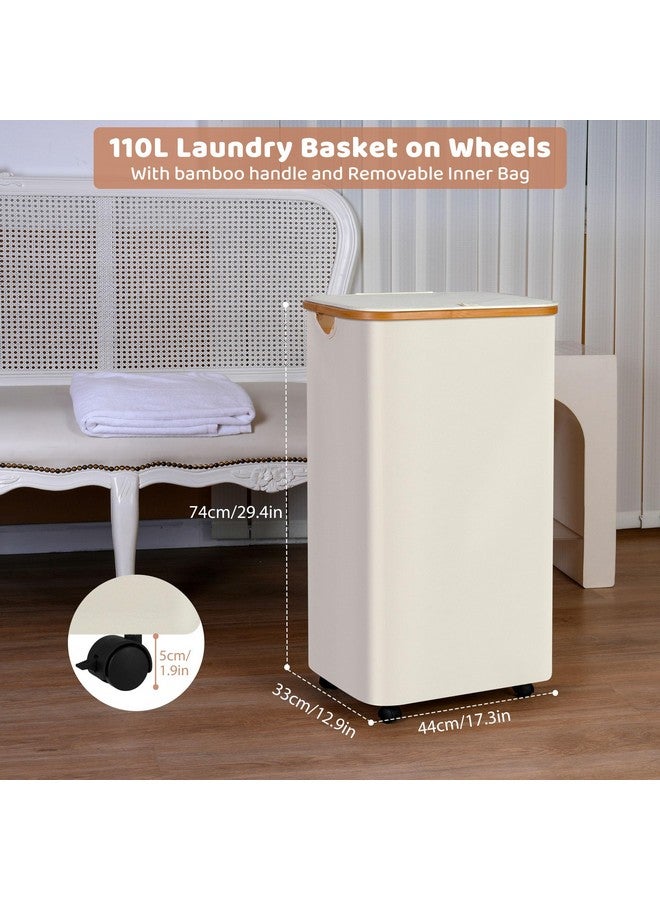 iEGrow Laundry Basket with Wheels, 110L Clothes Hamper for Laundry, Laundry Hamper with Lid and Inner Bag, for Laundry Room, Bedroom, Dormitory Storage,Beige