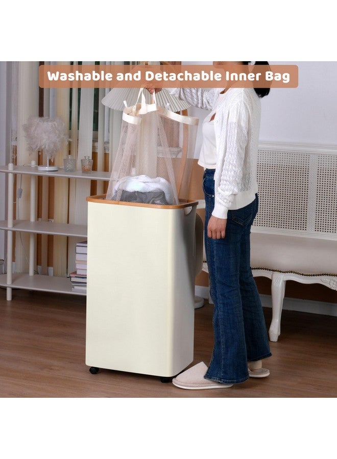iEGrow Laundry Basket with Wheels, 110L Clothes Hamper for Laundry, Laundry Hamper with Lid and Inner Bag, for Laundry Room, Bedroom, Dormitory Storage,Beige