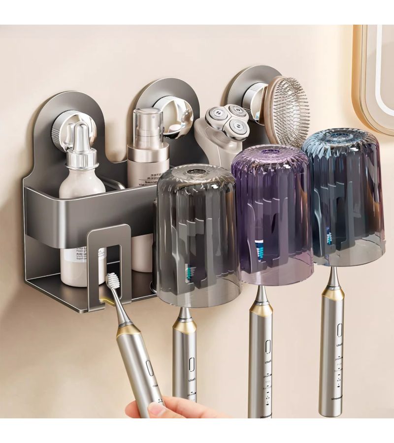 White Wall Mounted Toothbrush Holder 3 Slot With Cup Rack No Drilling - Image 1