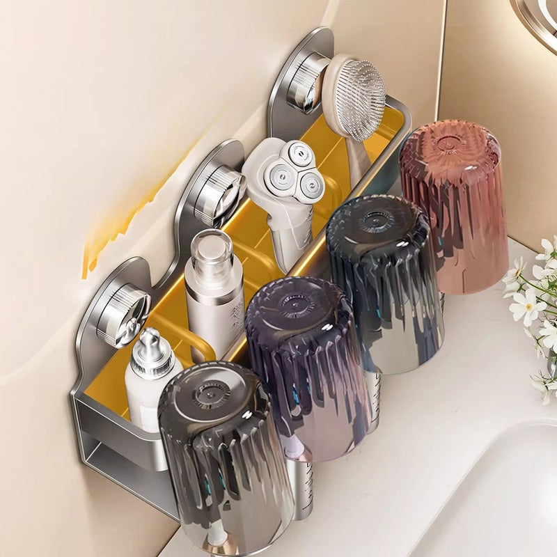 White Wall Mounted Toothbrush Holder 3 Slot With Cup Rack No Drilling - Image 3
