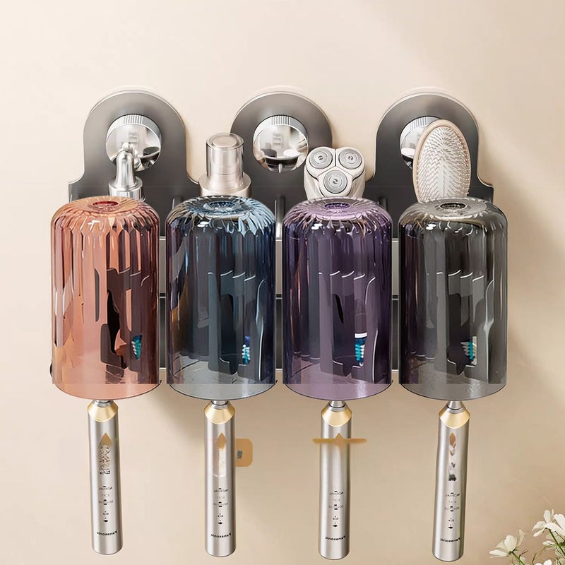 White Wall Mounted Toothbrush Holder 3 Slot With Cup Rack No Drilling - Image 5