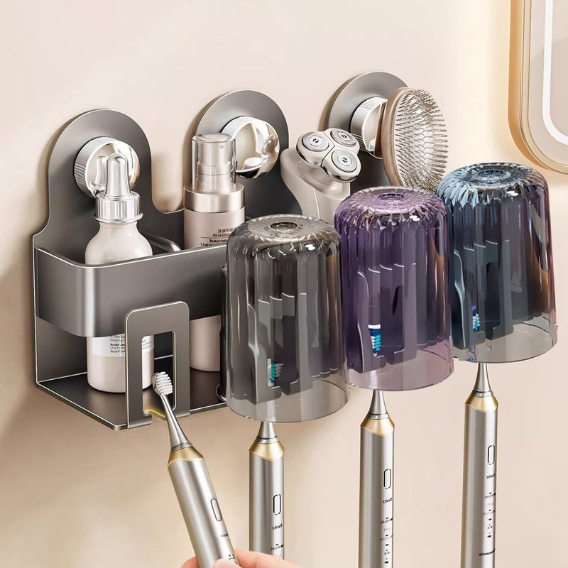 White Wall Mounted Toothbrush Holder 3 Slot With Cup Rack No Drilling - Image 2