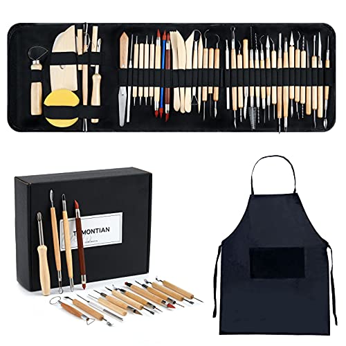 TEMONTIAN Pottery Tool Kit，Clay Sculpting Tools,43 Pcs Double Sided Pottery Wheel Tools for Adults，Pottery Carving Tools，Pottery Kiln Tools at Home，Ceramics Tools Set with Carrying Case Bag and Apron - Image 1