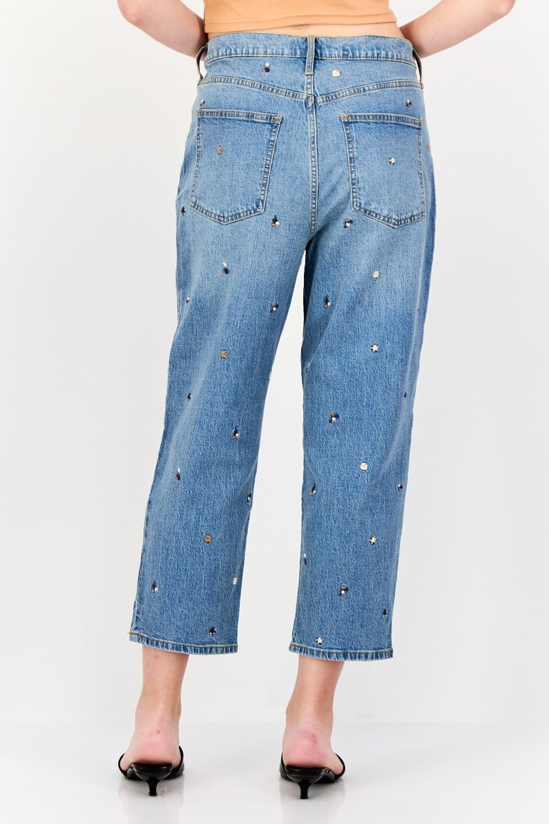 Universal Thread Women Straight Fit Embroidered Short Inseam Denim Jeans, Blue  - Image 3