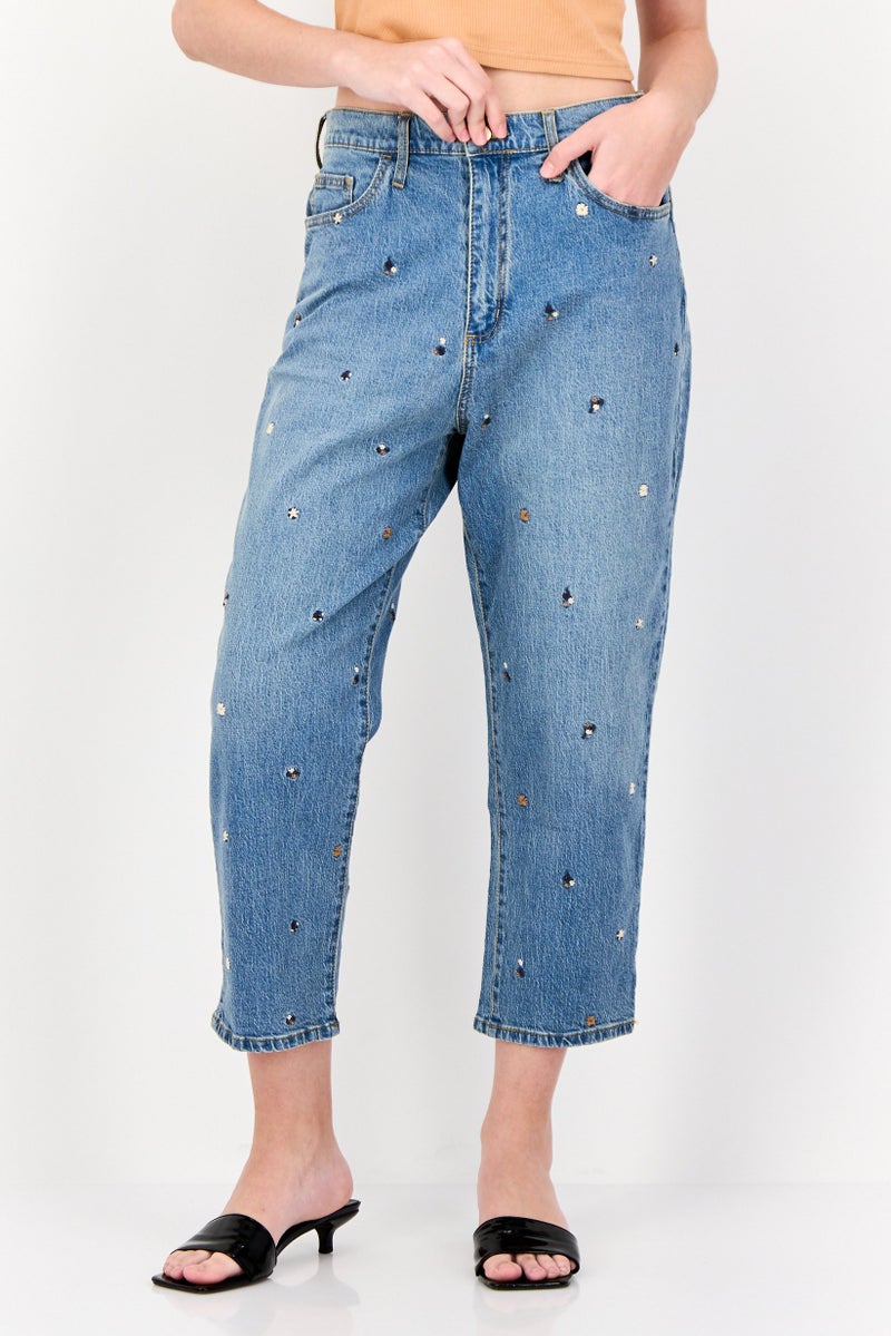 Universal Thread Women Straight Fit Embroidered Short Inseam Denim Jeans, Blue  - Image 1