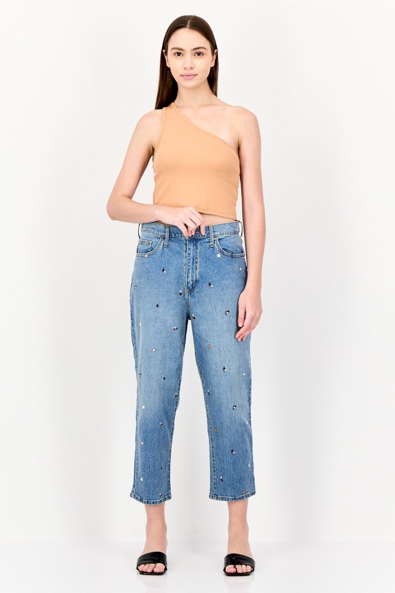 Universal Thread Women Straight Fit Embroidered Short Inseam Denim Jeans, Blue  - Image 4