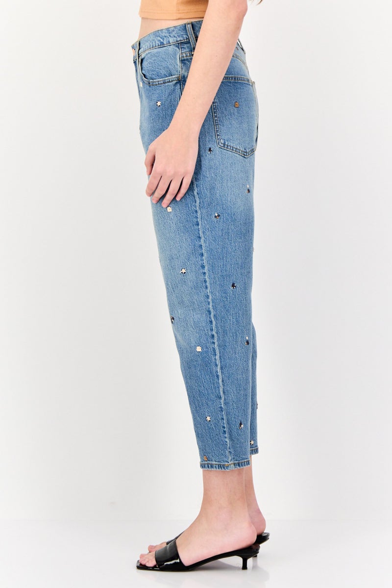 Universal Thread Women Straight Fit Embroidered Short Inseam Denim Jeans, Blue  - Image 2