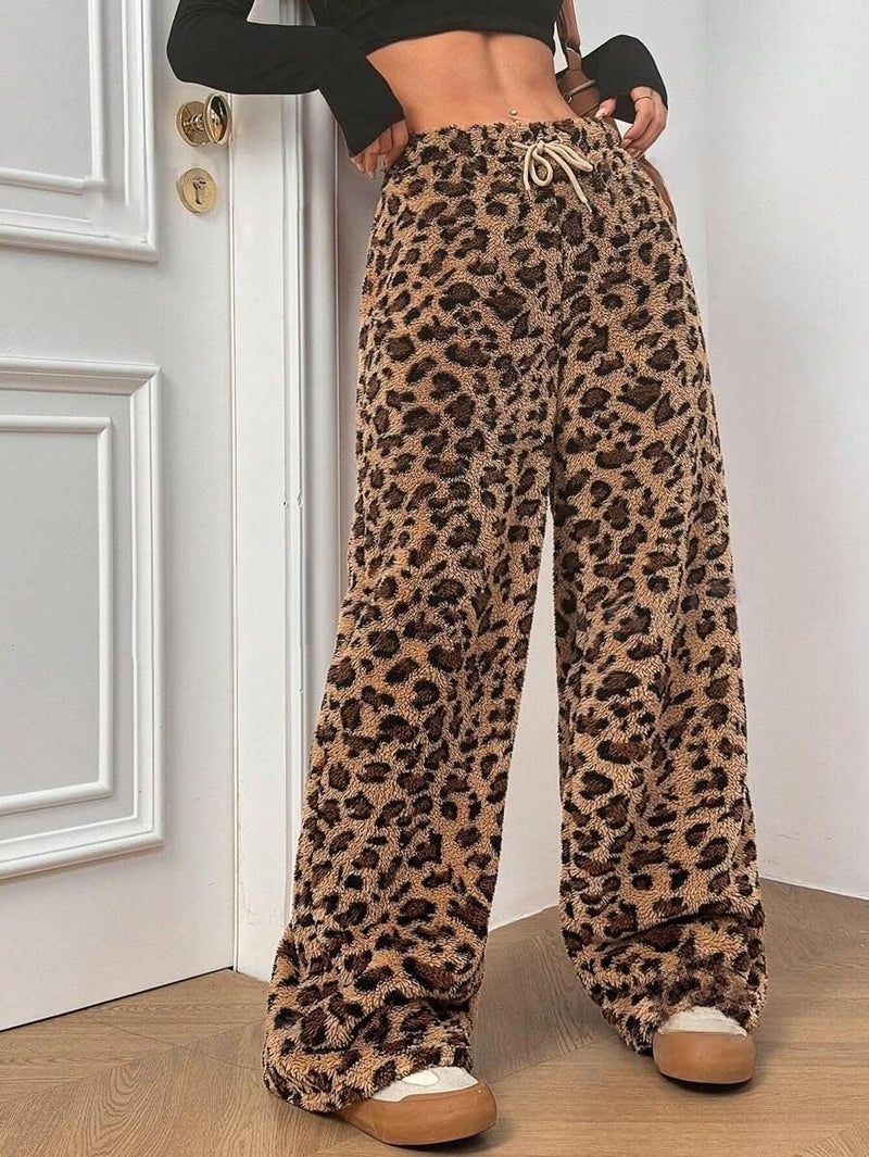 ZAFUL Women's Fuzzy Plush Pajama Pants Drawstring Elastic Waist Wide Leg Teddy Pj Bottoms Lounge Pants Leopard L - Image 3