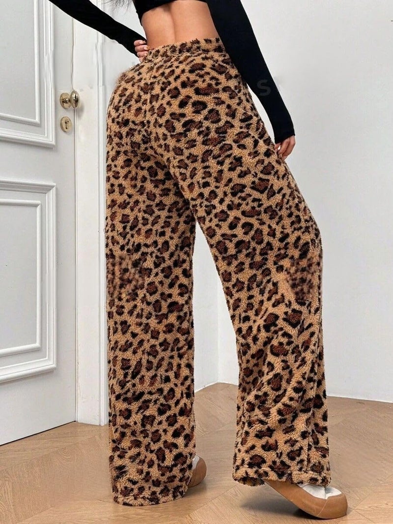 ZAFUL Women's Fuzzy Plush Pajama Pants Drawstring Elastic Waist Wide Leg Teddy Pj Bottoms Lounge Pants Leopard L - Image 4