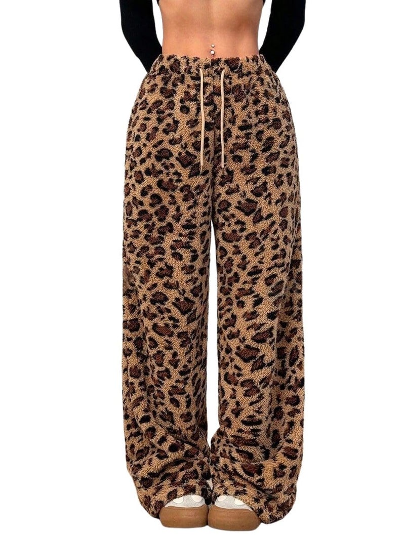 ZAFUL Women's Fuzzy Plush Pajama Pants Drawstring Elastic Waist Wide Leg Teddy Pj Bottoms Lounge Pants Leopard L - Image 1