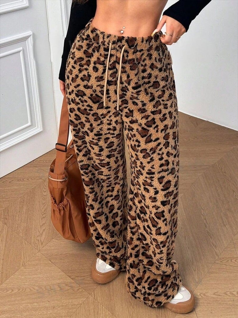ZAFUL Women's Fuzzy Plush Pajama Pants Drawstring Elastic Waist Wide Leg Teddy Pj Bottoms Lounge Pants Leopard L - Image 5