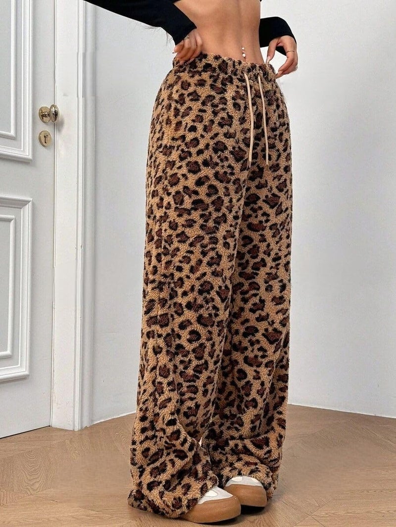 ZAFUL Women's Fuzzy Plush Pajama Pants Drawstring Elastic Waist Wide Leg Teddy Pj Bottoms Lounge Pants Leopard L - Image 2