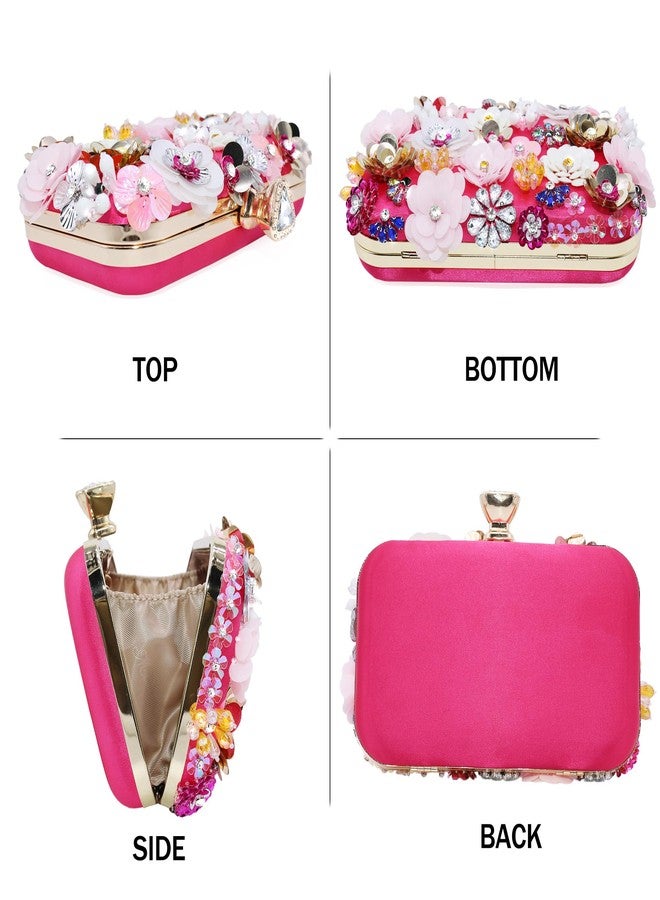 Milisente Women's Clutch Purse Flower Evening Handbag Chain Strap Shoulder Bag With Handle(Hot Pink) - Image 4