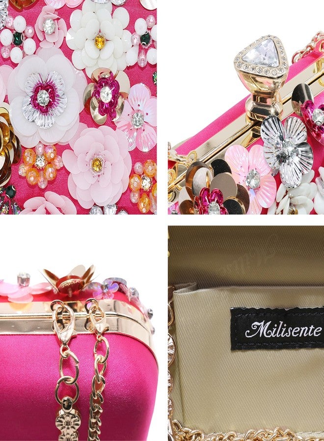 Milisente Women's Clutch Purse Flower Evening Handbag Chain Strap Shoulder Bag With Handle(Hot Pink) - Image 5