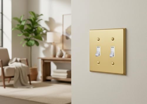 Rio Salto MIDSIZE BRASS Signature Collection Decorative Brushed Brass Gold Metal Outlet Covers Light Switch Cover Plate Premium Wall Plate Covers 2Gang Double Toggle Flip Switch 5 x 494 2Pack - Image 3