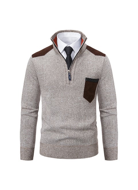 Autumn/Winter Trendy Polo/Turtle Neck Pullover Fleece-Lined And Thickened Sweater Men Casual Warm Knit Base Layer Top Youth Wool Beige
