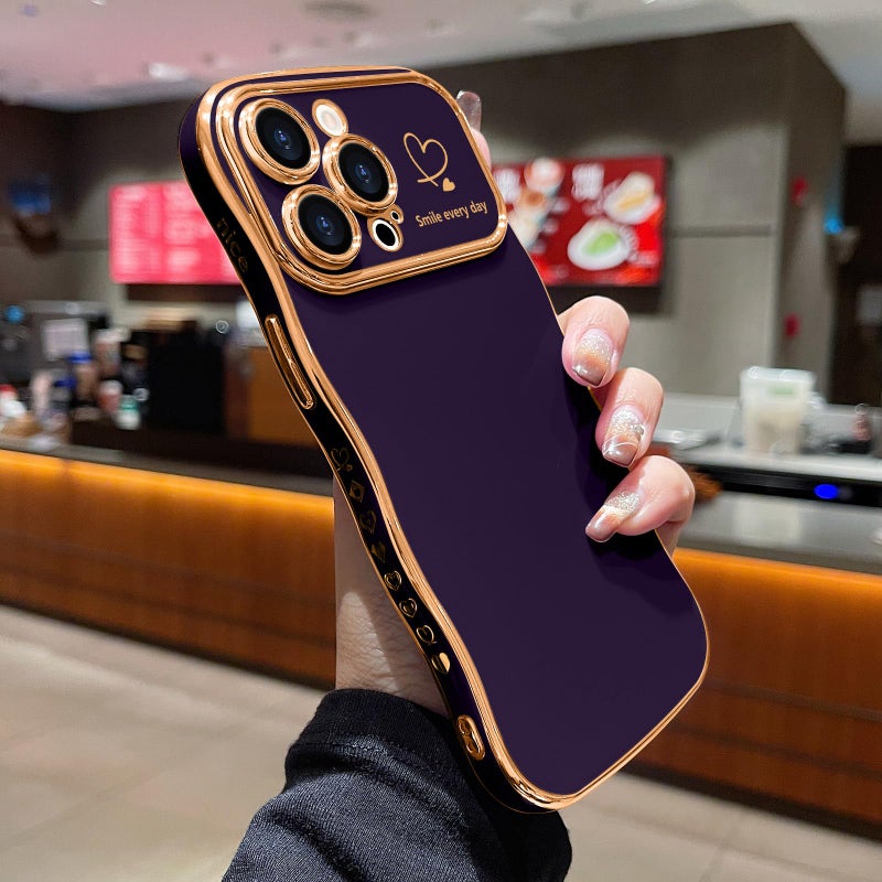 LCHULLE for iPhone 12 Pro Max Case for Women Girls, Cute Wave Frame Curly Shape with Love Heart Raised Camera Protection Cover Luxury Plating Shockproof Phone Case for iPhone 12 Pro Max, Dark Purple - Image 2