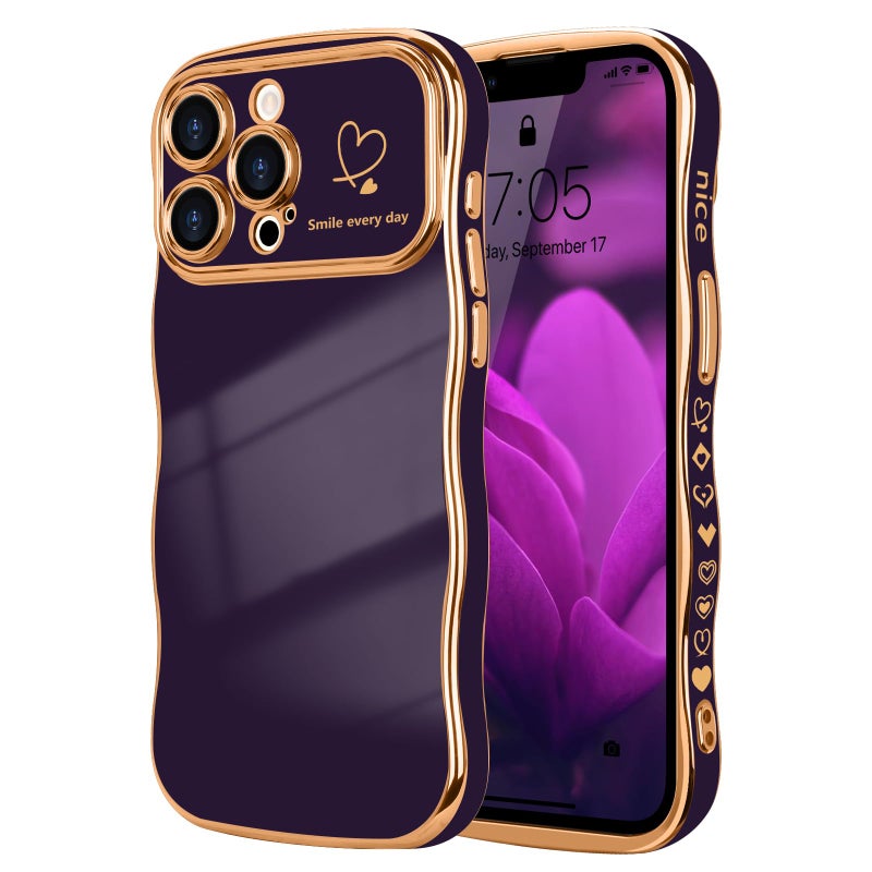 LCHULLE for iPhone 12 Pro Max Case for Women Girls, Cute Wave Frame Curly Shape with Love Heart Raised Camera Protection Cover Luxury Plating Shockproof Phone Case for iPhone 12 Pro Max, Dark Purple - Image 1