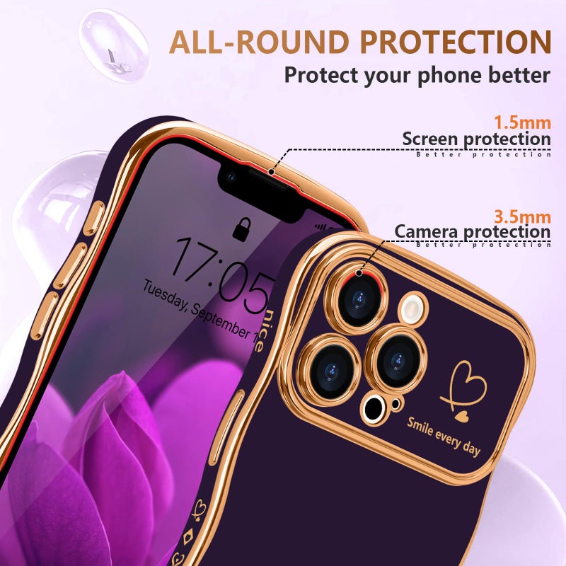 LCHULLE for iPhone 12 Pro Max Case for Women Girls, Cute Wave Frame Curly Shape with Love Heart Raised Camera Protection Cover Luxury Plating Shockproof Phone Case for iPhone 12 Pro Max, Dark Purple - Image 4