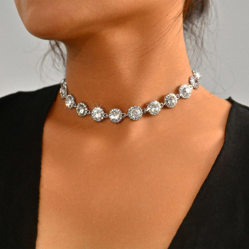 ACEDRE Colorful Crystal Choker Necklace Sparkly Rhinestone Chokers Necklaces Gold Chain Party Prom Neck Jewelry for Women (2-Silver) - Image 5