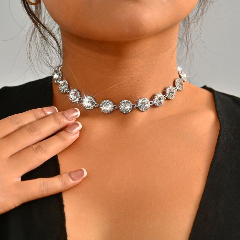 ACEDRE Colorful Crystal Choker Necklace Sparkly Rhinestone Chokers Necklaces Gold Chain Party Prom Neck Jewelry for Women (2-Silver) - Image 3