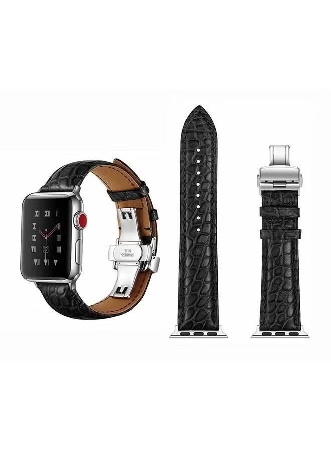 vesus Genuine Alligator Leather Replacement Band for Apple Watch Series 1/2/3/4/5/6/SE 40/38mm Black/Silver