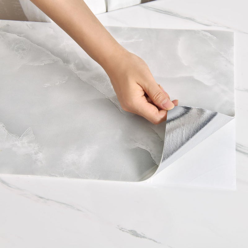 Haimin Wall Panels Peel and Stick 10 Pieces 23.6x11.8in (19.4 Sq.Ft. Coverage) Lightweight Backsplash Marble Look Tile (not Real Marble) Ideal for Kitchen Living Rooms Bedrooms (Light Gray-MNH) - Image 1