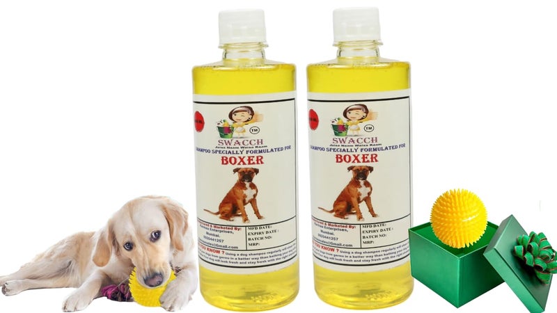 swacch Shampoo | Puppy Safe Shampoo | PH Balanced | Ditch to Itch for Boxer Dog Shampoo 500ml Pack of 2 (Lemon) + Spike Ball Chew Toy Combo Pack - Image 1