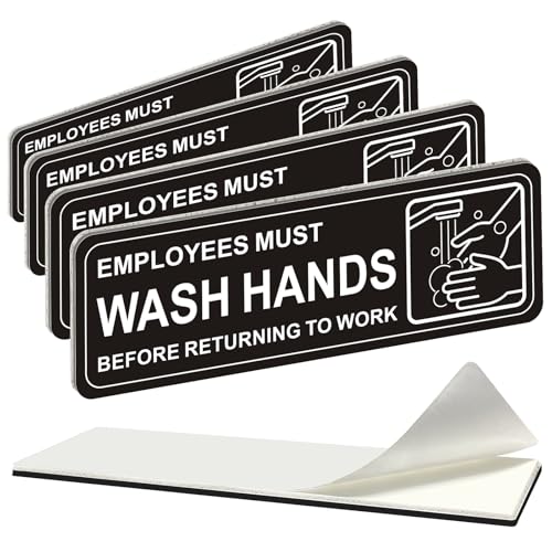i-CowFun (4 Pack) Premium Self-adhesive Employees Must Wash Hands Sign, 9" x 3" Durable Acrylic Hand Washing Signs with Symbols, for Business, Restaurant, Salons, Hotel, Motel, Rest Stops, Public Restrooms - Image 1