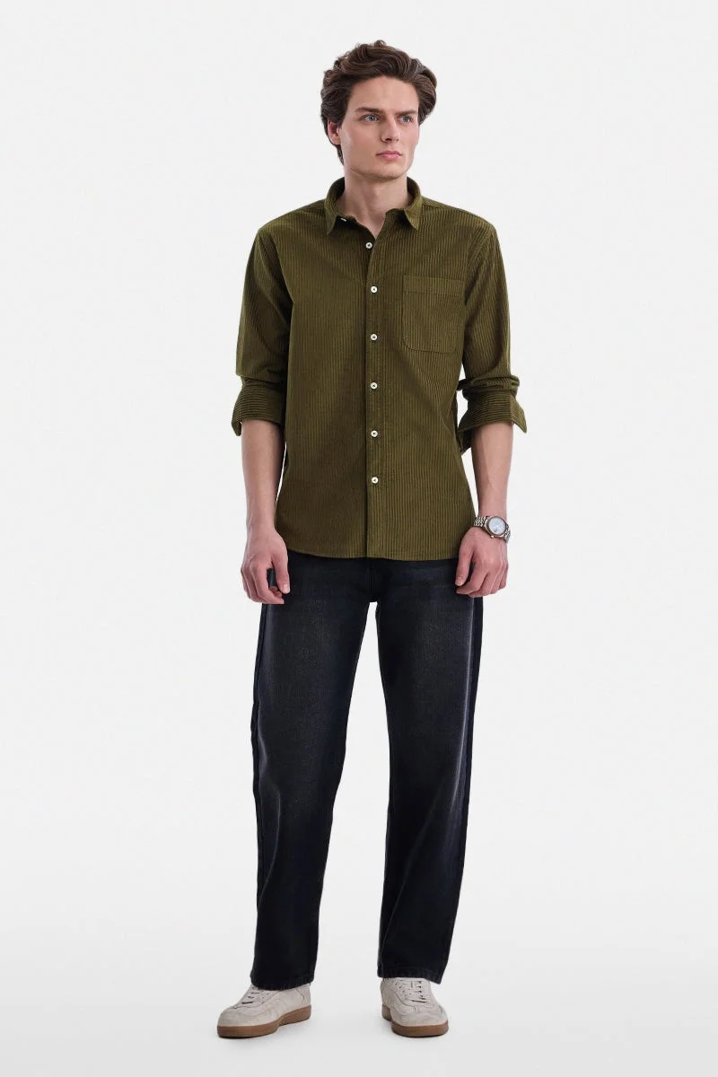سنيتش Olive Textured Long Sleeve Regular Fit Luxe Shirt
