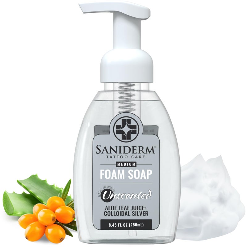 Saniderm Foaming Tattoo Soap (8.45oz Home Size) â€“ Gentle Soap for Tattooed Skin, Infused with Antimicrobial Colloidal Silver, Aloe Vera, and Nourishing Sea Buckthorn Oil - Image 1