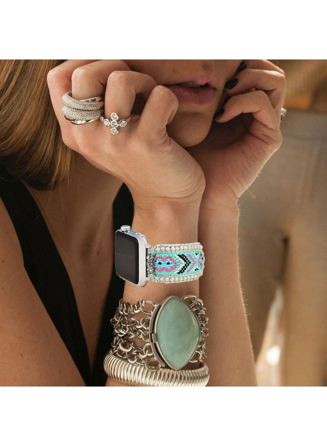 Braided Boho Bracelets Compatible with Apple Watch Band 41mm 40mm 38mm,Women Handmade Woven Dressy Beaded Adjustable Drawstring Bohemian Watch Strap for iWatch SE Series 9 8 7 6 5 4 3 2 1
