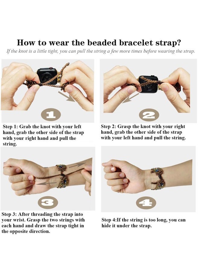 Braided Boho Bracelets Compatible with Apple Watch Band 41mm 40mm 38mm,Women Handmade Woven Dressy Beaded Adjustable Drawstring Bohemian Watch Strap for iWatch SE Series 9 8 7 6 5 4 3 2 1